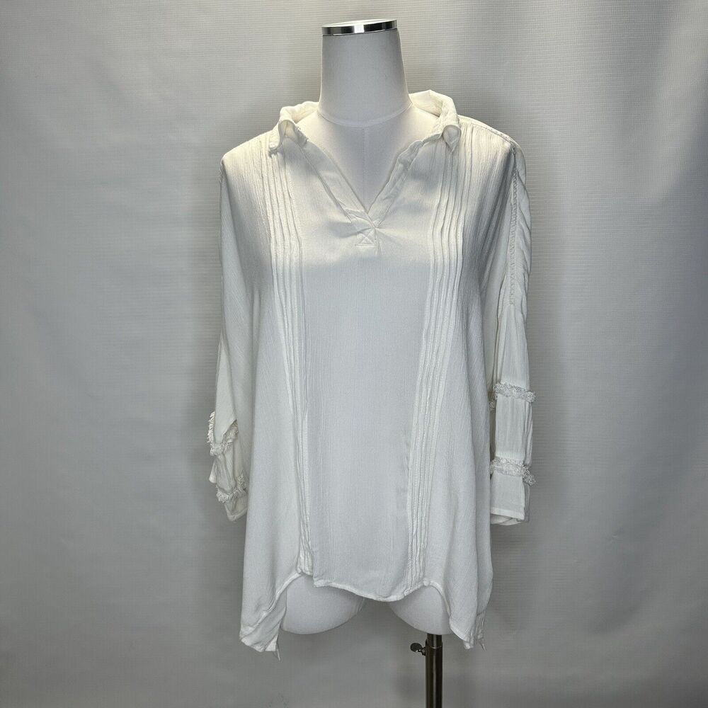 RD Style Womens Size Small Top Bell Sleeve V Neck Blouse White Boho Hippie Shirt